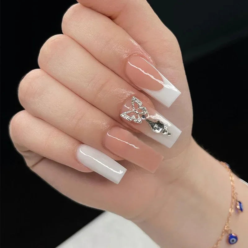 Hooux 24Pcs Simple White French Press on Nails with Glue Long Ballet False Nails Wearable Coffin Fake Nails Full Cover Nail Tips