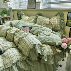 Hooux Korean Bedding Set Luxury Quilt Cover Pillowcase Flat Bed Sheet Skirt Fitted Sheet Girl Princess Ruffle Home Textile Christmas