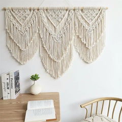 Hooux Handwoven Macrame Tassel Pendant Wall Hanging  Tapestry  with  Wooden Stick Hand-Woven Bohemia Tassel Curtain Tapest