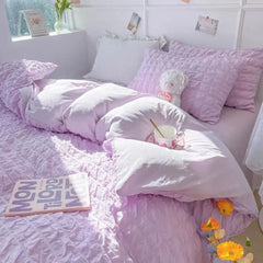 Hooux Princess Bedding Set  French Style Wash Cotton Solid Color Seersucker Summer Soft 2024New Bed Sheet Set Comforter Set