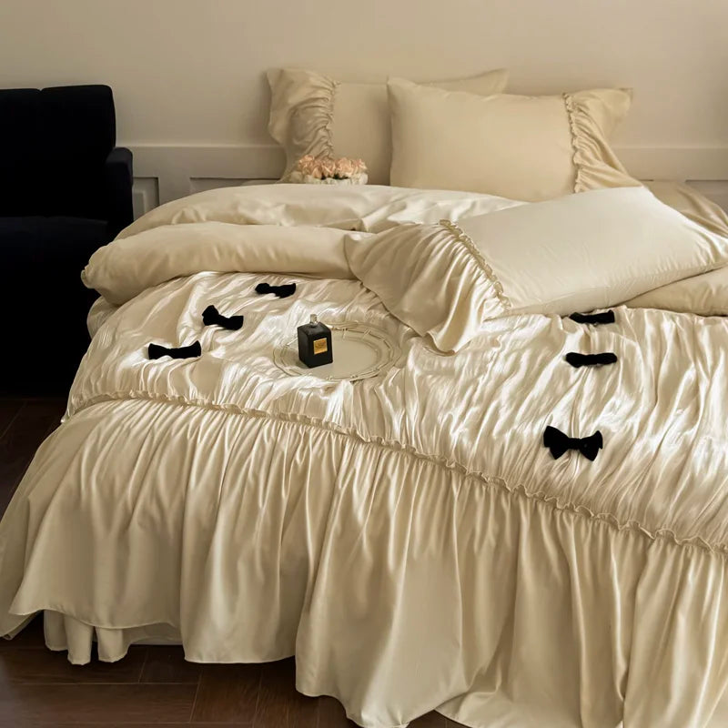 Hooux Vintage French Large Ruffles Black Bow Princess Bedding Set Duvet Cover Set Flat/Fitted Bed Sheet Pillowcases Pillowcases 4Pcs