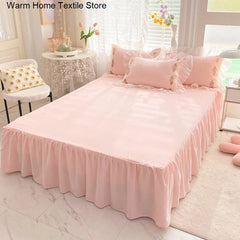 Hooux Princess Style Korean Bed Skirt Bed Sheet Embroidered Ruffle Lace Quilt Cover Ins Bedding For Girls Luxury Home Textiles