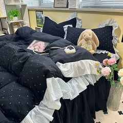 Hooux Korean Bedding Set Luxury Quilt Cover Pillowcase Flat Bed Sheet Skirt Fitted Sheet Girl Princess Ruffle Home Textile Christmas