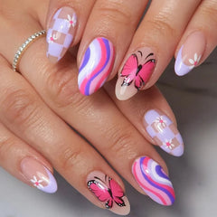 Hooux 24Pcs/Lot Almond False Nails with Snake Glitter Design French Stiletto Full Cover Fake Nails DIY Manicure Press on Nail Art Tips