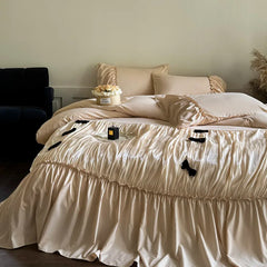 Hooux Vintage French Large Ruffles Black Bow Princess Bedding Set Duvet Cover Set Flat/Fitted Bed Sheet Pillowcases Pillowcases 4Pcs