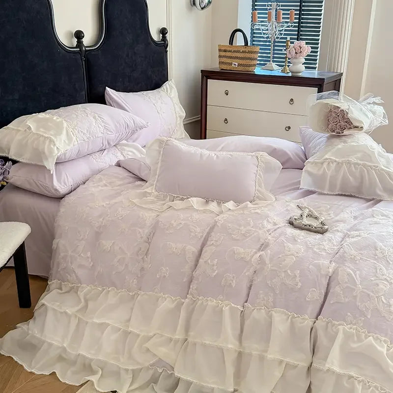 Hooux  Cotton Princess Bedding Sets Queen Butterflies Embroidered Chiffon Lace Elegant Soft Flat Sheet With Pillowcases 4PCS