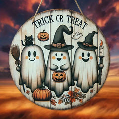 Hooux 2D Wooden Halloween Three Cute Ghost Broom Spoof Pumpkins 7.9Inch/20cm Round Hanging Sign Wall or Door Decor Wall Art