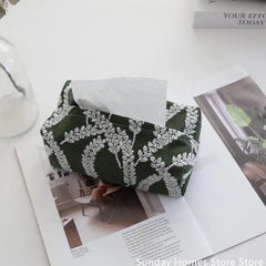 Hooux Green Forest Plant  Cotton Linen Fabric Embroidery Paper Box Napkins Paper Holder Tissue Box Bedroom Tabletop Ornament Car Napki