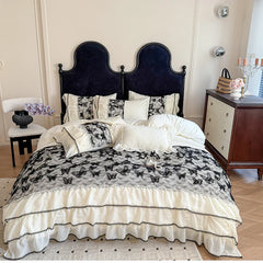 Hooux  Cotton Princess Bedding Sets Queen Butterflies Embroidered Chiffon Lace Elegant Soft Flat Sheet With Pillowcases 4PCS