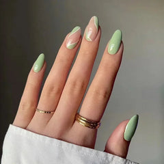 Hooux 24Pcs Simple Green French False Nails Short Almond Fake Nails with Wave Line Design Wearable Round Head Press on Nail Tips