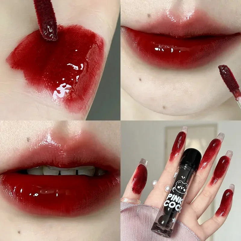 Hooux Punk Juice Red Lipgloss Black Mirror Glass Water Light Clear Lip Glaze Waterproof Non Stick Liquid Lipstick Nude Lip Tint Makeup