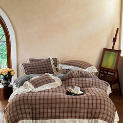 Hooux Vintage Plaid Flowers Lace Ruffles Bedding Set 100% Cotton Double Layer Yarn Duvet Cover Flat/Fitted Bed Sheet Pillowcases 4Pcs