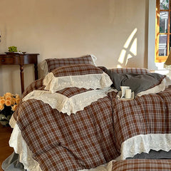Hooux Vintage Plaid Flowers Lace Ruffles Bedding Set 100% Cotton Double Layer Yarn Duvet Cover Flat/Fitted Bed Sheet Pillowcases 4Pcs
