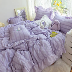 Hooux Purple Princess Bedding Set Duvet Cover Pillowcase Linens Twin Queen King Bed Sheet Set Luxury Solid Color Woman Girl Kawaii Set