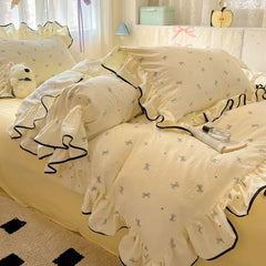 Hooux Princess Cream Bedding Set Ruffles Girls Full Queen Washable Cotton Duvet Cover with Zipper No Filler Bed Sheet Pillowcase