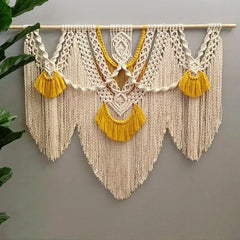 Hooux Handwoven Macrame Tapestry  Wall Hanging Tapetry Bohemia Tassel Curtain Tapestry with Wooded Stick  Boho Decorn Stick