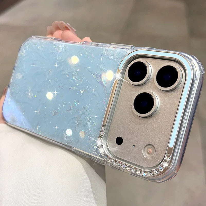 Hooux  Fashion Bling Glitter Shell Pattern Phone Case For iPhone 13 14 15 16 17 Pro Max Soft IMD Shockproof Anti-Scratch Diamond Cover