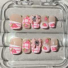 Hooux Pink Strawberry Press on Nails Handmade Flower Fake Nails Gradient Color Medium Length Square False Nails for Women Girls