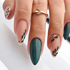 Hooux 24Pcs Simple Almond Fake Nails with Green Leaves Design Elliptic Acrylic False Nails Wearable French Press on Nail Manicure Tips