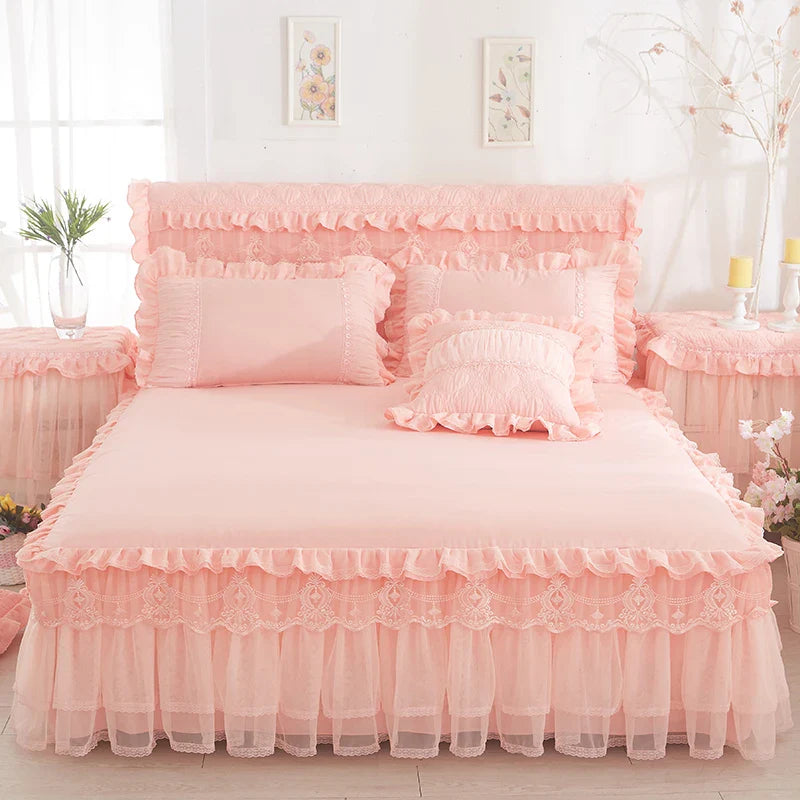 Hooux  1 Piece Lace Bed Skirt +2pieces Pillowcases bedding set Princess Bedding Bedspreads sheet Bed For Girl bed Cover King/Queen size