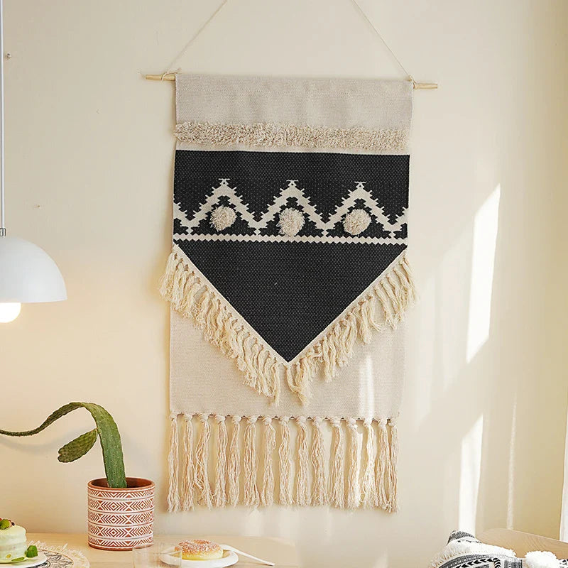 Hooux Boho Hanging Tapestry with Handmade Tassels Cotton Linen Tufting Wall Hanging Fabric Cover Blanket Ramadan Decor Home Decoration