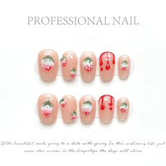 Hooux Pink Strawberry Press on Nails Handmade Flower Fake Nails Gradient Color Medium Length Square False Nails for Women Girls