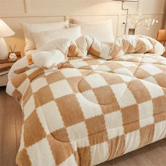 Hooux Checkerboard Super Thick Warm Winter Blankets Soft Artificial Lamb Cashmere Weighted Blanket Fluffy Warmth Duvet Comforter Quilt