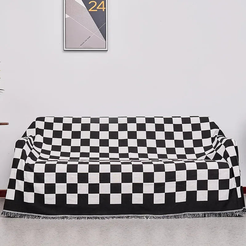 Hooux Vintage Checkered Woven Throw Blanket for Sofa Couch Bed Outdoor Camping Picnic Mat Jacquard Bedspread Retro Plaid Tablecloth