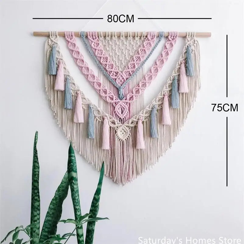 Hooux Colorful Macrame Hanging Tapestry Tassel Pendant Bohemia Wall Tapestry Handwoven Cotton Rope  Decorate Room Background
