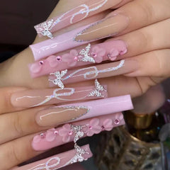 Hooux 24Pcs Wearable False Nails with Rhinestone Long Square Press on Nails French Pink Flower 3D Bow Design Fake Nail Manicure Tips