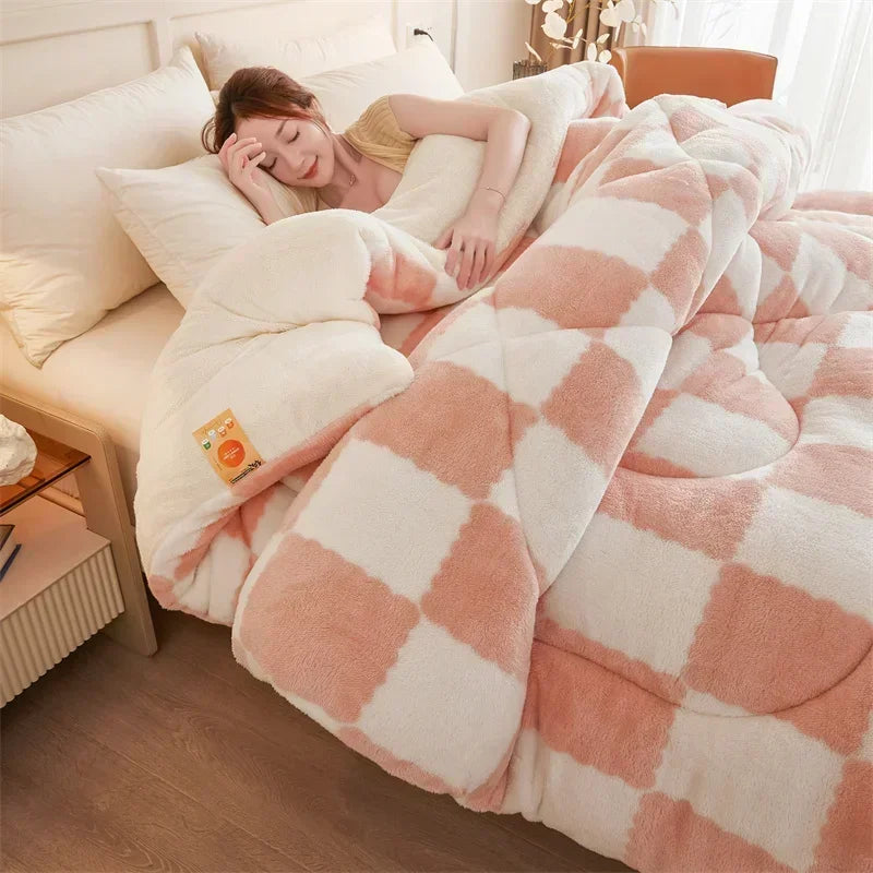 Hooux Checkerboard Super Thick Warm Winter Blankets Soft Artificial Lamb Cashmere Weighted Blanket Fluffy Warmth Duvet Comforter Quilt
