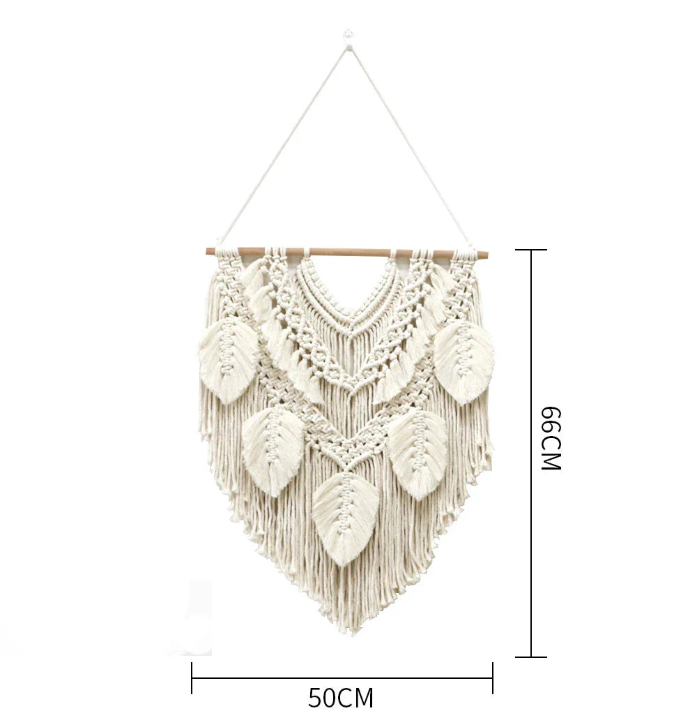 Hooux Hand-woven Macrame Leaves Tassel Tapestry  Cotton Rope Wall Hanging Bohemia Tapesrty Room Decoration Wall Tasestry Art Craft