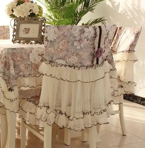 Hooux Lace hem Chair Cover Tablecloth Table Dining Table Cover Gauze Jacquard Wedding Table Cloth Chair Covers Decoration Towels 1pcs