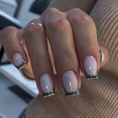 Hooux 24Pcs Spring Colorful French Fake Nail with Designs Short Square Head Press on False Nails Wearable Simple Jelly Sticks on Nails