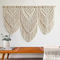 Hooux Handwoven Macrame Tassel Pendant Wall Hanging  Tapestry  with  Wooden Stick Hand-Woven Bohemia Tassel Curtain Tapest