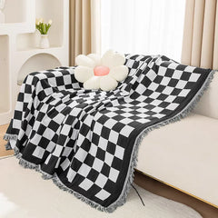 Hooux Vintage Checkered Woven Throw Blanket for Sofa Couch Bed Outdoor Camping Picnic Mat Jacquard Bedspread Retro Plaid Tablecloth