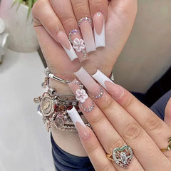 Hooux 24Pcs Wearable Fake Nail with Flower Design Long Coffin False Nails French Ballet Press on Nails Simple Full Cover Nail Tips
