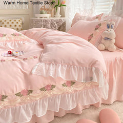 Hooux Princess Style Korean Bed Skirt Bed Sheet Embroidered Ruffle Lace Quilt Cover Ins Bedding For Girls Luxury Home Textiles