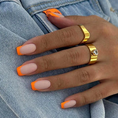 Hooux 24Pcs Simple Matte Orange French False Nails Press on Wearable Artificial Mid Length Fake Nail Manicure Full Cover Nail Tips