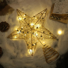 Hooux LED Light Christmas Tree Star Topper With Pearl Wire Gold Iron Xmas Tree Ornaments 2025 New Year Home Table Decoration Supplies