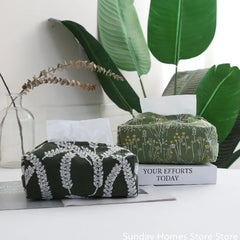 Hooux Green Forest Plant  Cotton Linen Fabric Embroidery Paper Box Napkins Paper Holder Tissue Box Bedroom Tabletop Ornament Car Napki