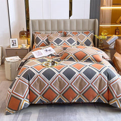 Hooux 4pcs Autumn and Winter Thickening Soft Bedroom Bedding Set Home Textile Geometric Pattern Sheet Quilt Cover Pillowcase