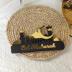 Hooux Ramadan Kareem Table Ornament Wooden Acrylic Eid Mubarak Moon Star Castle DIY Tabletop Decoration Islamic Party Home Decor