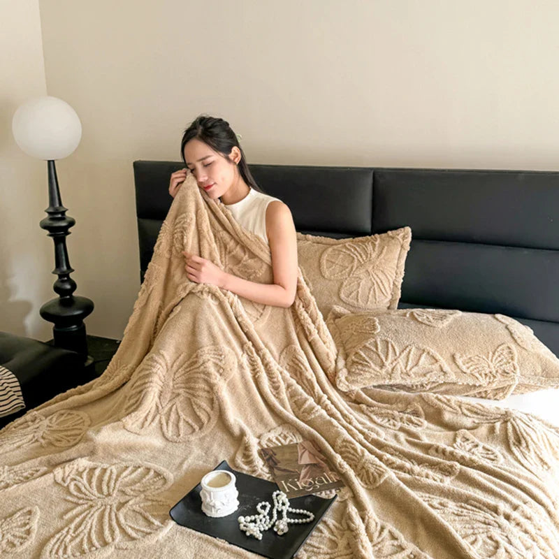 Hooux Blanket For Summer Cool Blanket 2024 New Velvet Solid Color Jacquard Multi functional Cover Blanket, Jacquard Butterfly Style