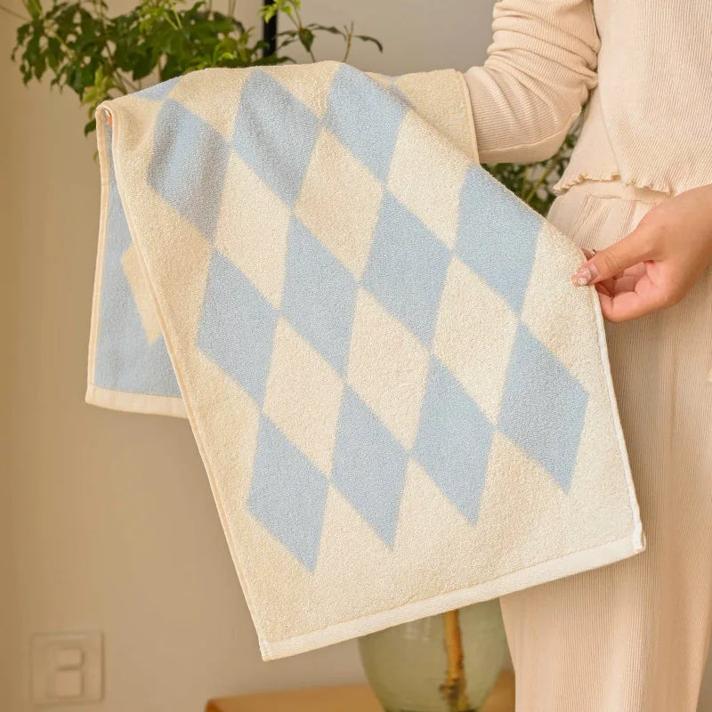 Hooux Vintage Diamond Checkered CottonTowel Soft Yarn-dyed Cotton Skin-friendly Face Towel Absorbent Bath Towel Daily Beach Towels