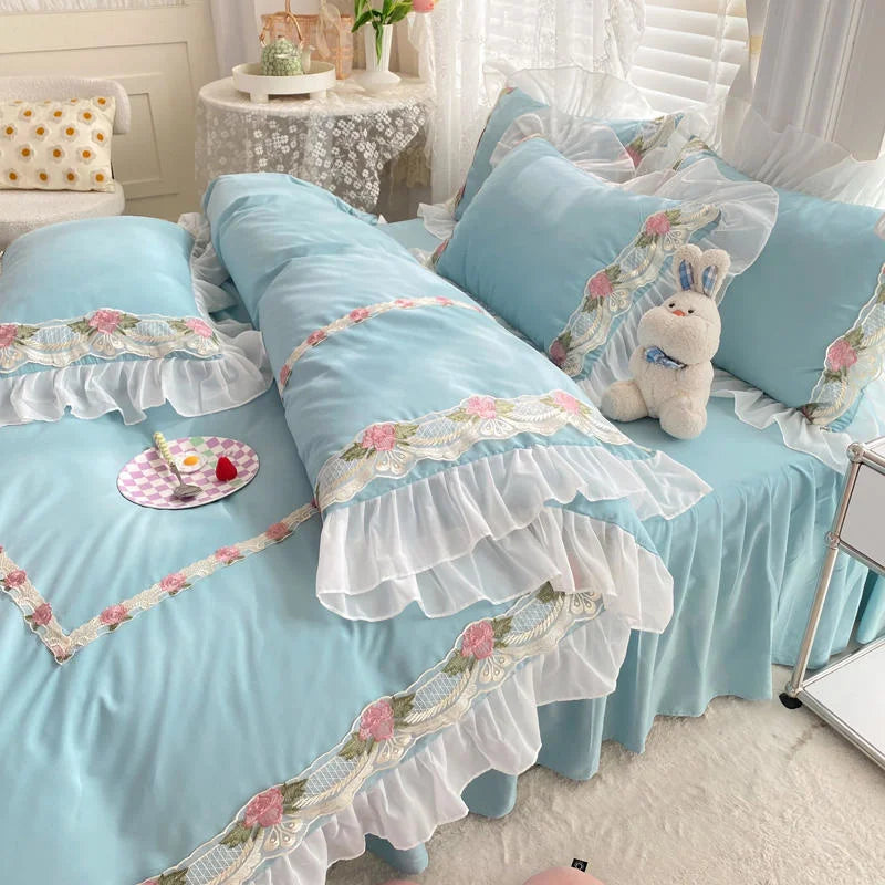 Hooux Princess Style Korean Bed Skirt Bed Sheet Embroidered Ruffle Lace Quilt Cover Ins Bedding For Girls Luxury Home Textiles