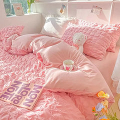 Hooux Princess Bedding Set  French Style Wash Cotton Solid Color Seersucker Summer Soft 2024New Bed Sheet Set Comforter Set