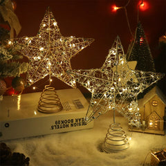 Hooux LED Light Christmas Tree Star Topper With Pearl Wire Gold Iron Xmas Tree Ornaments 2025 New Year Home Table Decoration Supplies