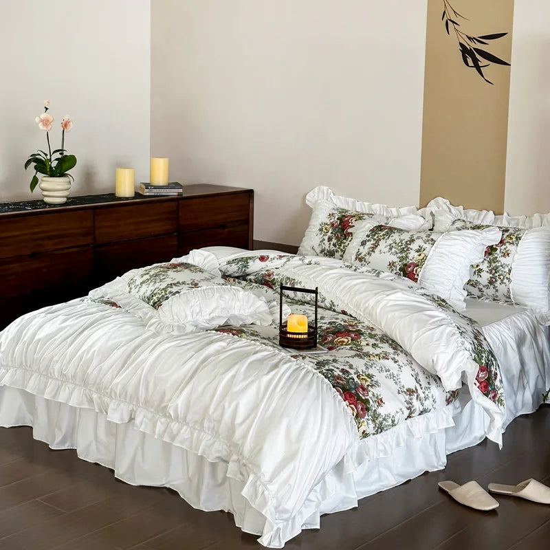 Hooux White Princess Wedding Bedding Sets Luxury 100% Cotton Rose Flowers Printing Quilt/Duvet Cover Bed Skirt Sheet Pillowcases