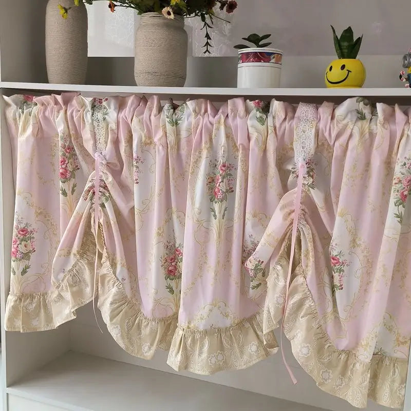 Hooux Wave Pink Embroidered Flowers Window Valance Living Room Elegant Lace Curtain Valance Lace Tape Short Curtains Kitchen